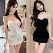 純慾辣妹夜總店蹦迪小短裙性感露背皺褶顯瘦掛脖抹胸連衣裙 洋裝 正韓 禮服 連身裙 包臀裙