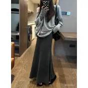 秦衣館 女裝 韓係 百搭 潮流 2024秋冬黑色魚尾裙百搭氣質顯瘦秋冬針織新款半身裙高腰中長款 RRAB