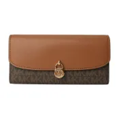 MICHAEL KORS- MK鎖頭拚色防刮LOGO 皮革暗釦長夾(咖x駝)