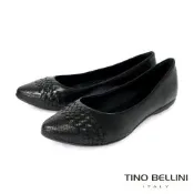 【TINO BELLINI 貝里尼】巴西進口 真皮編織 尖頭 平底鞋 FWBT041-1(黑色)