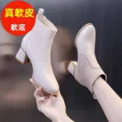 🔥DK免運 馬丁靴 短靴 女鞋 高跟靴 靴子 厚底靴 中筒靴 高跟真皮馬丁靴女新款百搭加絨圓頭米色粗跟瘦瘦短靴女馬丁靴