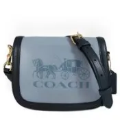 COACH 壓印大馬車LOGO皮革翻蓋馬鞍斜背包(灰藍色)