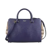【BURBERRY 巴寶莉】BURBERRY Banwell燙金LOGO牛皮拼接帆布拉鍊手提/肩背兩用包(小/深畫布藍x多色)