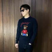 美國百分百【全新真品】GUESS 針織毛衣 羊毛 圓領 男款 專櫃精品 泰迪熊 長袖上衣 logo 深藍 CU86