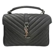 【YSL】COLLeGE中性絎縫兩用學院包 中款 黑銀色