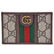GUCCI 經典Ophidia系列GG Supreme帆布綠紅綠織帶皮革飾邊萬用卡片夾(烏木色)