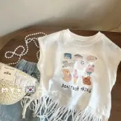 💕 鹿港童語集💕女童无袖上衣 吊帶上衣 背心外穿女童寶寶夏季個性時尚流蘇背心上衣中大童夏裝新款純棉無袖T恤潮
