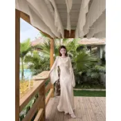 【AMUU】氣質優雅杏色披肩領背心連衣裙女春夏收腰顯瘦包臀裙魚尾裙