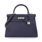 【Hermes 愛馬仕】Kelly 32CM T年 Togo牛皮手提/肩背凱莉包(2Z深藍/銀釦)