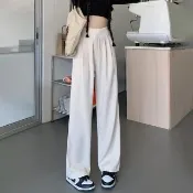 【D.studio】韓版高腰小個子垂感西裝褲(直筒褲 寬褲 褲子 長褲 休閒褲 女裝 P130)