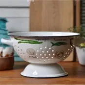 【 歐美集選 】小清新手繪蔬菜款 高質感加厚琺瑯瀝水籃 洗菜籃 水果籃