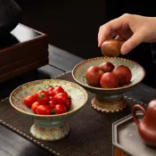 琺瑯彩果盤茶點盤陶瓷高腳佛手柑托盤中式點心供盤貢品水果盤子 供果果盤 貢品盤 貢盤 供盤