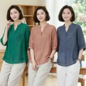 巴黎精品 現貨+預購 亞麻棉麻女T恤新中式七分袖上衣大尺碼女裝(夏季立領古典刺繡寬鬆女襯衫3色f1ab4)