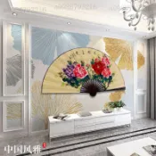 【超大壁掛】中式壁掛扇子裝飾 大摺扇手繪折扇 花開富貴仿古牡丹 背景牆掛扇 古風折扇 壁掛裝飾