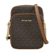 MICHAEL KORS Jet Set Travel 經典印花皮革前口袋拉鍊斜背包(深咖)