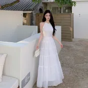 中國夏天新款旅行度假性感米白色雪紡長裙女裝顯瘦圓領無袖露背中長款A字洋裝
