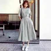 臺灣現貨韓版短袖連衣裙女裝2025新款夏季大裙擺寬松顯瘦收腰高腰圓領長裙