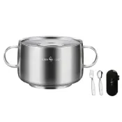 PUSH!餐具用品316L雙層不銹鋼碗 防燙兒童碗 吃飯碗帶手柄帶蓋碗 E205