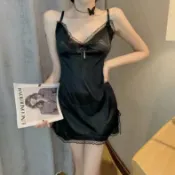 黑色性感蕾絲邊吊帶睡裙女春薄款手撕冰絲感露背睡衣可外穿洋裝