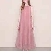 【花苞裙】豆沙粉 甜美風 無袖 網紗洋裝 女 2026 夏 獨特 漂亮 千金風洋裝 粉紅色洋裝 花苞裙洋裝