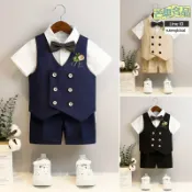芒果名品 【花童演出必備】男童西裝套裝 兒童西裝 小西服 演出服 生日禮服 鋼琴表演服 春夏短袖馬甲三件套 週歲紀念 韓版修身