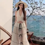 渡假風掛脖上衣 法式重工泳衣 黑色微透沙灘裙 泰國旅遊穿搭 低腰長裙