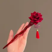 復古紅玫瑰髮簪氣質盤髮簪 新年喜慶氛圍感簪子頭花髮飾 婚禮拜年春節聚會造型飾品