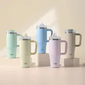 (店+)新款速發 TYESO奥拉泡泡冰霸杯 304不鏽鋼900ml/1200ml陶瓷內膽手把保溫杯 雙飲彈跳吸管車載杯環保咖啡杯