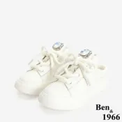 Ben&1966高級頭層牛皮可愛圓鞋帶鑽釦胖胖休閒鞋-米白(246441)