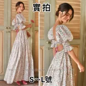 小毛兒~預法式小碎花赫本風小香風泡泡袖開叉露腰露背波西米亞復古蝴蝶結連身裙日韓系婚禮服正韓國韓貨海邊度假大尺碼壓褶長洋裝