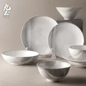 九土復古手工素雅灰調餐具套裝陶瓷餐具套裝釉下彩家用簡約窯變餐盤碗盤灰白淺盤深盤平盤圓碗斗笠碗一人二人套裝組CJR0656