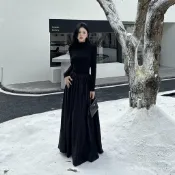 *2026小高領拼接洋裝女 秋季高領赫本風收腰大擺洋裝*