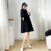 綠色小蛙🐸2024大尺碼女裝夏寬鬆顯瘦中長款遮肚子大擺洋裝胖mm赫本風小黑裙