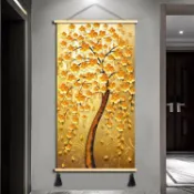 【班棏亞】金色掛畫 招財掛畫 電箱美化 金錢樹畫 入戶玄關招財客廳過道壁畫卷軸走廊掛畫發財樹鹿布藝掛畫裝飾畫