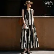 初色 休閒風暈染A字圓領無袖背心中長裙連衣裙連身洋裝長裙-黑白色-52746(M-2XL可選)