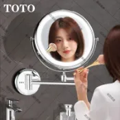 全新TOTO 可旋轉LED三色調光圓鏡梳妝鏡 浴室鏡子 放大化妝鏡 8英寸壁掛雙面鏡 三色調光led 廁所鏡子 免打孔
