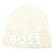 HUGO BOSS 字母刺繡白色純羊毛反摺針織帽