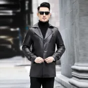 (店+)【米蘭精品】男皮衣皮風衣外套西裝領休閒男裝-中長款保暖男外套74nf24