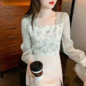 免運 長袖襯衫 襯衫女 方領蕾絲拼接雪紡襯衫女秋季新款時尚小清新甜美別緻碎花上衣Y襯衫上衣