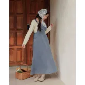 AIR SPACE PLUS 大口袋牛仔A字吊帶長裙(白/藍) 女裝 現貨 大尺碼 中大尺碼
