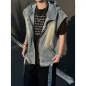 做舊水洗牛仔無袖坎肩馬甲男生美式復古連帽工裝解構拼接背心外套