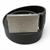 【DOKODEMO】成色極佳 □ GUCCI 835193 標誌扣皮帶，銀色/黑色，義大利製造，90/36碼，男女通用
