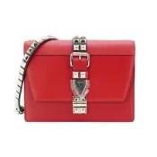 Prada 普拉達 展示品 Saffiano Eleltra 銀釦全皮鉚釘鍊帶斜背包(1BD120-紅)