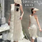 現貨 雪紡抓褶顯瘦連身裙雪紡洋裝沙灘裙渡假裙 9133