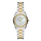 大高雄鐘錶城 EMPORIO ARMANI 亞曼尼 Federica系列 AR11559 經典撞色珠光環鑽女錶 金色x銀色 32MM｜樂天領券現折★全館特惠中★指定刷卡回饋10%