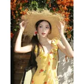【碎花吊帶】黃色荷葉碎花吊帶洋裝 女夏季法式氣質度假沙灘魚尾長裙 渡假洋裝 吊帶長裙 洋裝長裙