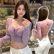(店+)【Truda Girl】《杜達女孩》曖昧氣息 含胸墊美背式長袖上衣 胸前抓皺 罩杯式上衣 性感上衣 短版上衣 長袖上衣 薄長袖 露背上衣 女