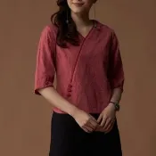 【古典美】23023 刺繡V領圓弧上衣(茶禪服/中國風/國服/漢服/手染服/棉麻/亞麻/天然纖維)