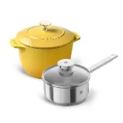 【STAUB】檸檬黃琺瑯鑄鐵飯鍋16cm+Joy不鏽鋼單柄鍋16cm(德國雙人牌集團官方直營)