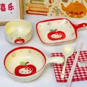 桃園出～🌺🌺 HelloKitty餐具 kt貓餐具 蘋果KT貓陶瓷碗少女手柄碗盤套裝飯碗釉下彩餐具高顏值ins風麪碗